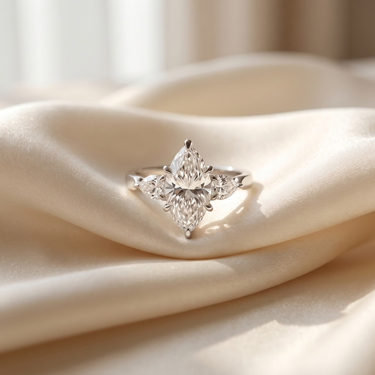 2.1ct marquise dawn lab grown diamond ring styled on ivory silk, luxury still life