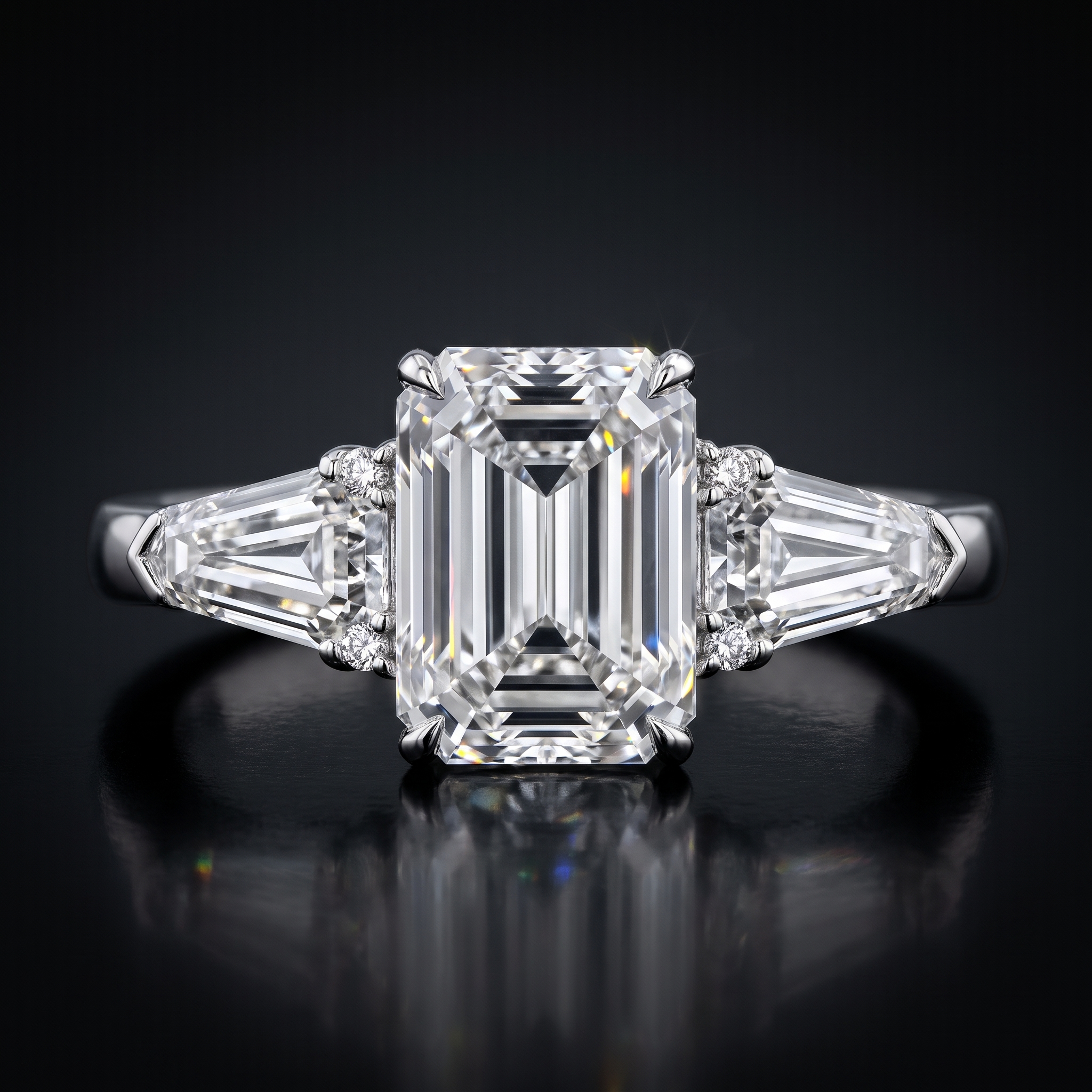 3ct emerald lab grown diamond ring, on a black background