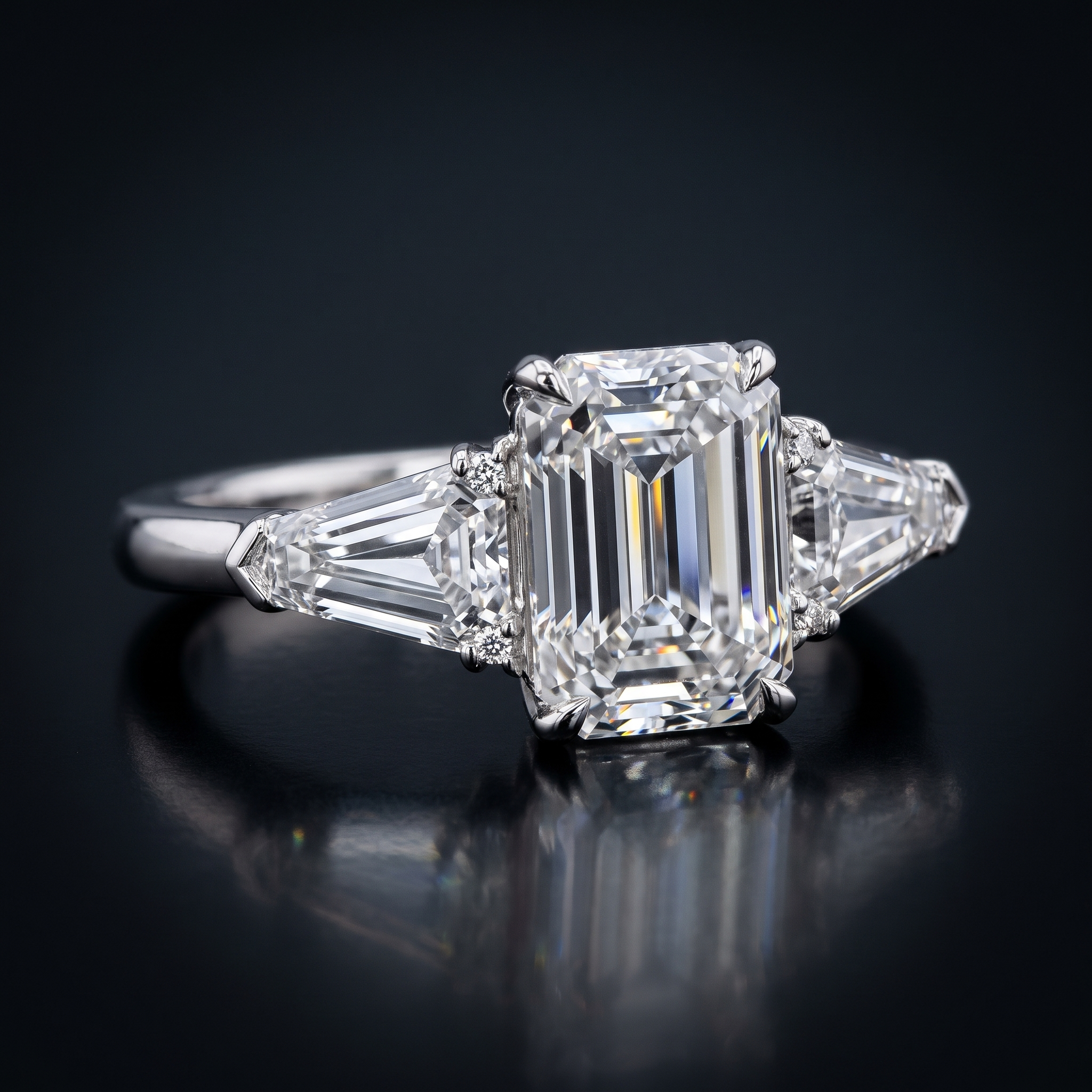 3ct emerald cut lab diamond ring tapered shields three-quarter, on black