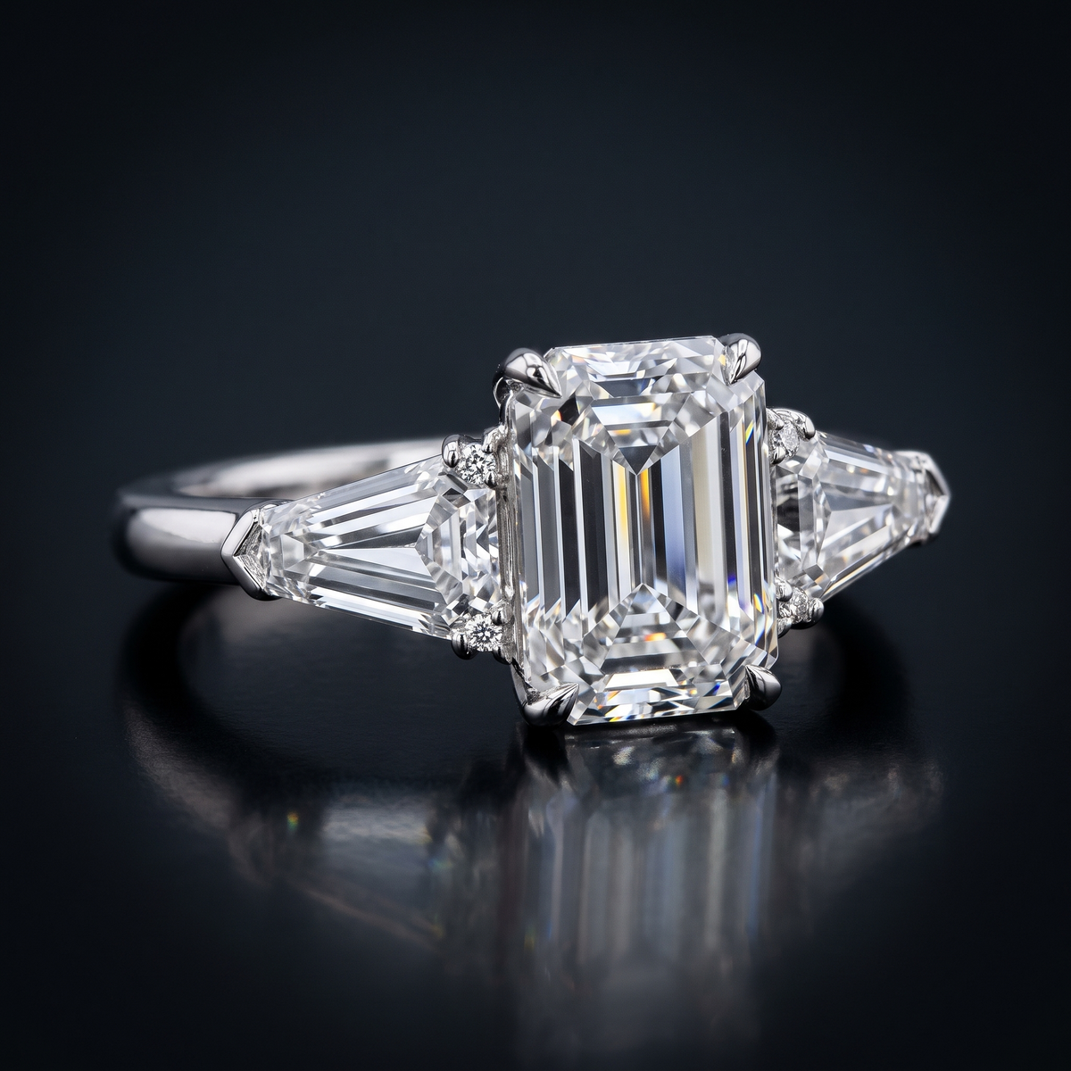 3ct emerald lab grown diamond ring, on a black background