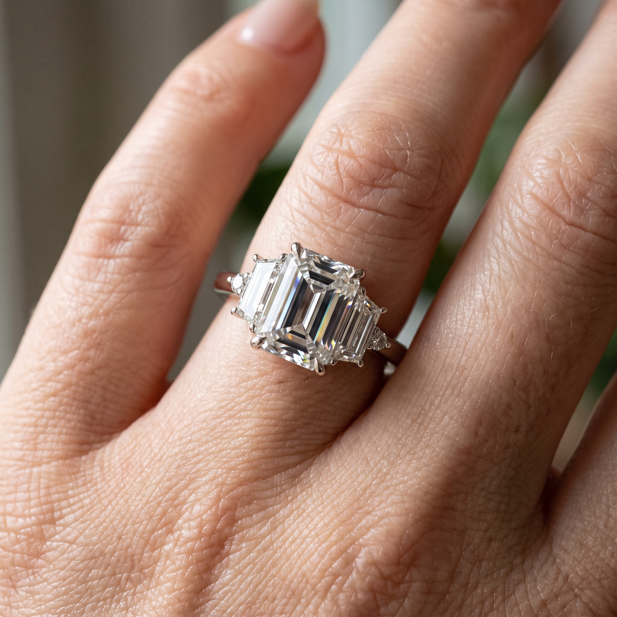 3ct emerald lab grown diamond ring shown worn