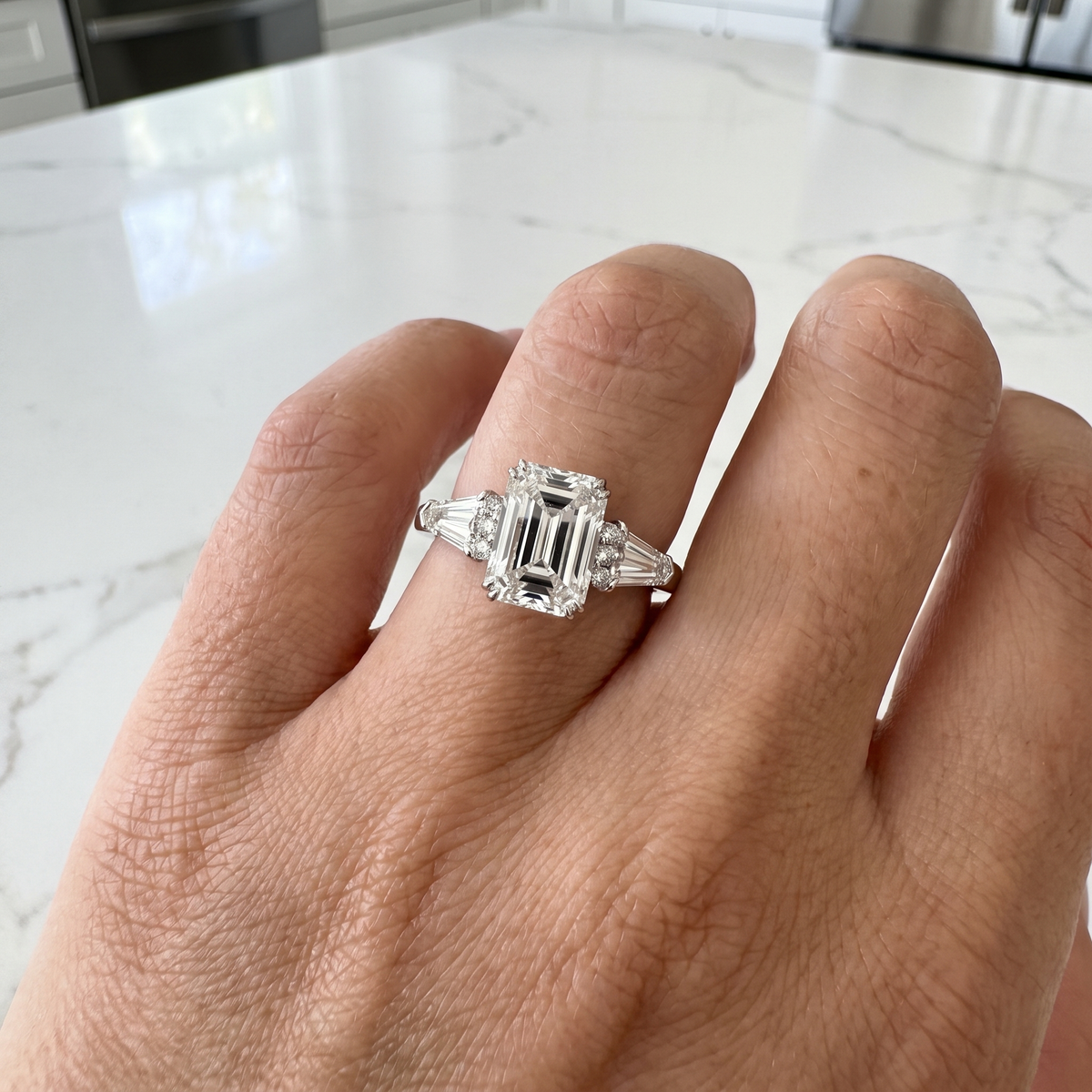 3ct emerald lab grown diamond ring shown worn
