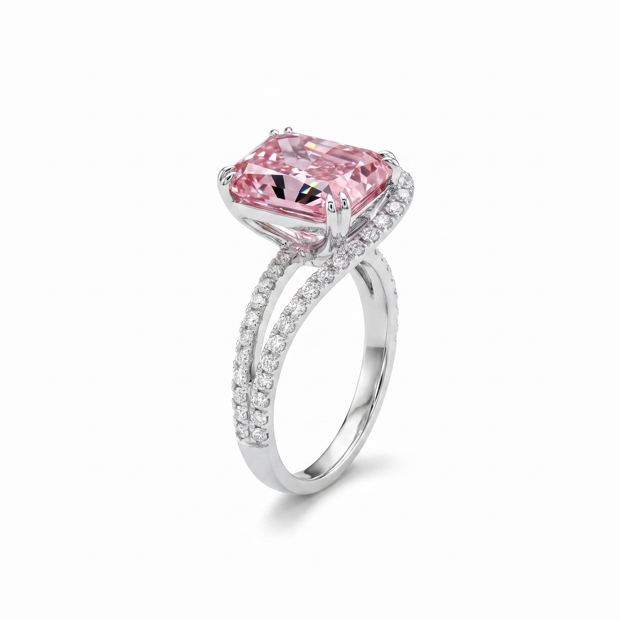 5ct fancy pink radiant lab grown diamond ring, sweep pave mount, white background