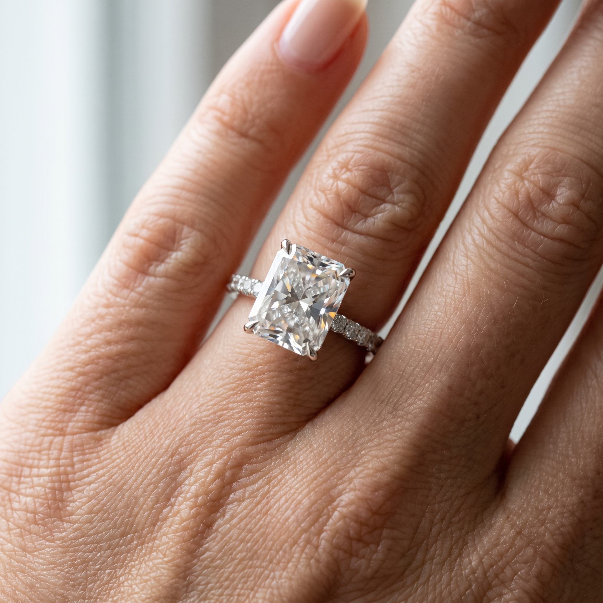 5ct radiant lab diamond ring worn on hand, true to size