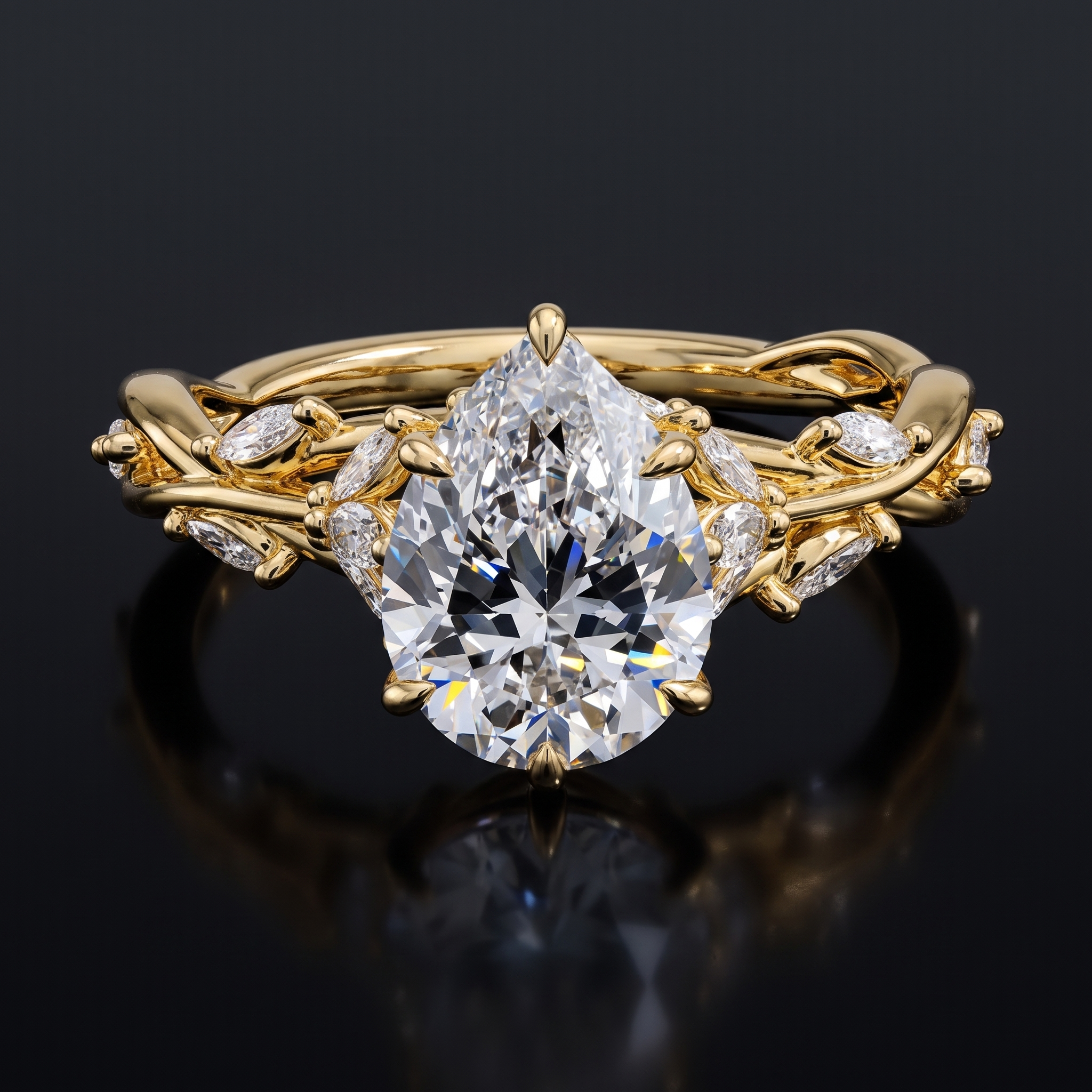 2ct pear vine lab grown diamond ring, on a black background