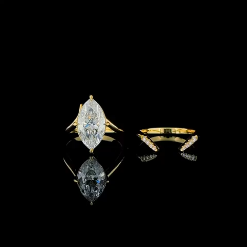 3ct Marquise Lab Diamond Engagement Ring Set on model | styled 10K yellow gold ring