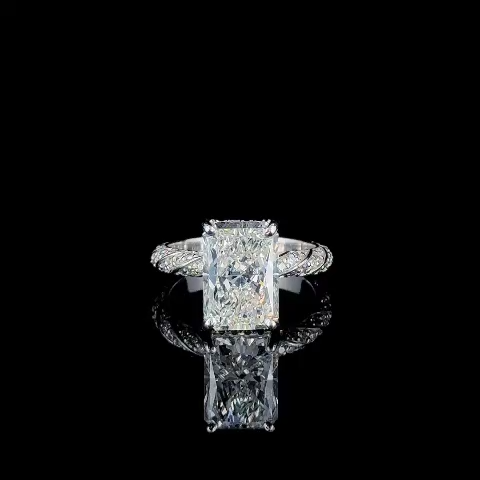 Women's 5ct Radiant Cut Diamond Engagement Ring with Pavé Band side profile, radiant cut lab diamond detail