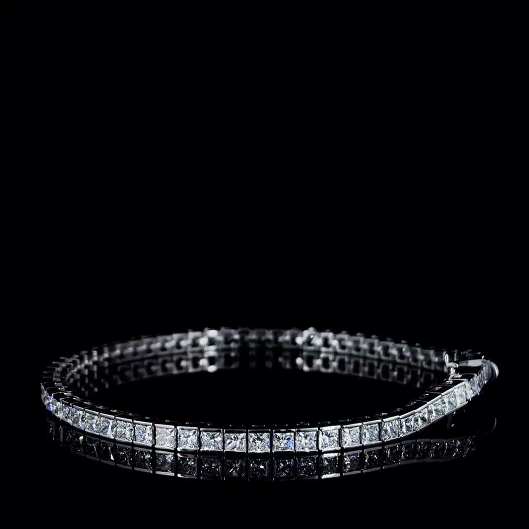 7ctw princess cut lab grown diamond tennis bracelet on black, box clasp and safety catch