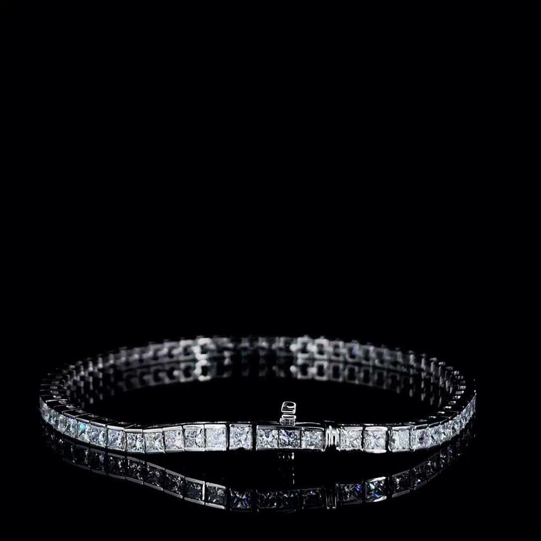 7ctw princess cut lab grown diamond tennis bracelet on black, three-quarter view