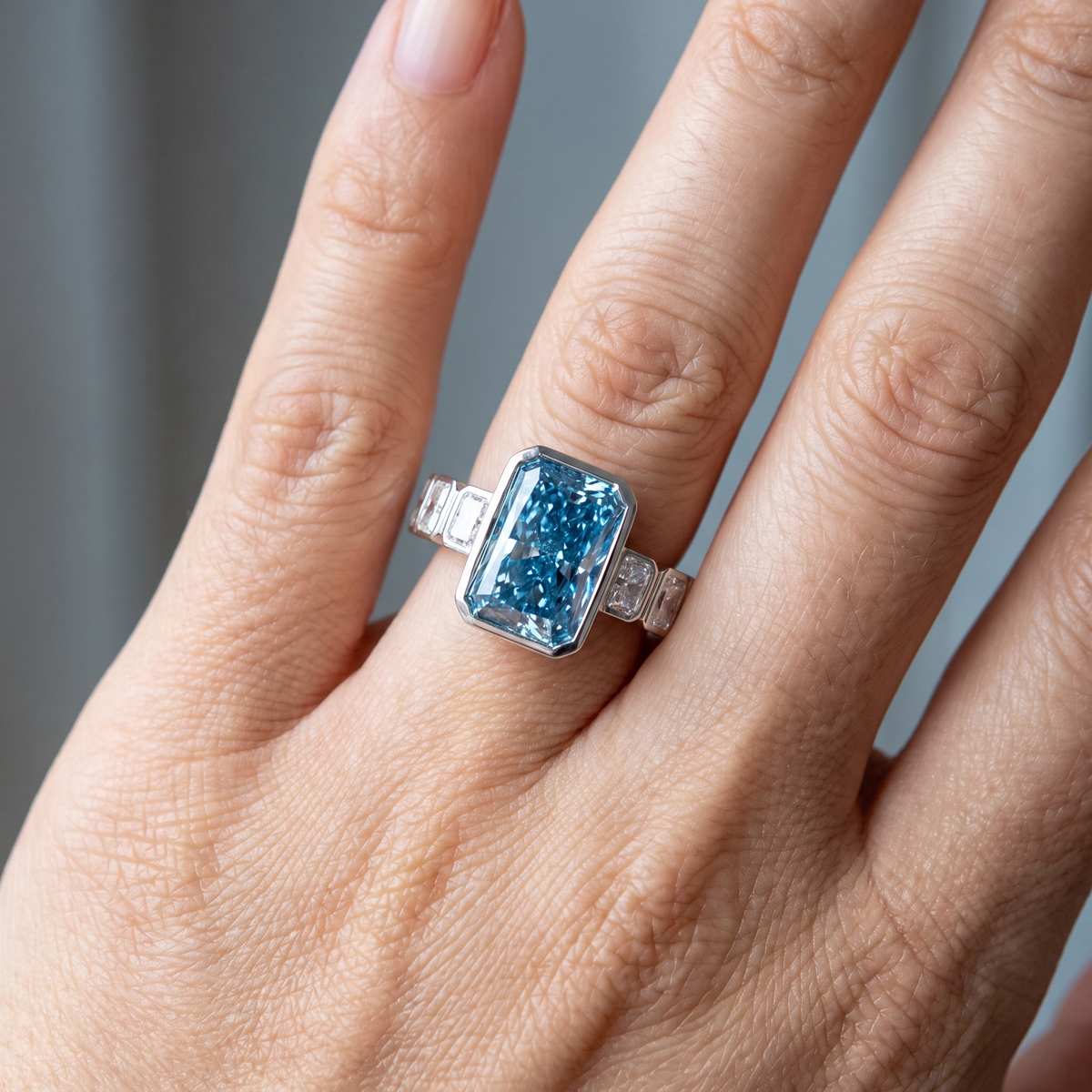 5.73ct fancy blue radiant lab grown diamond ring shown worn