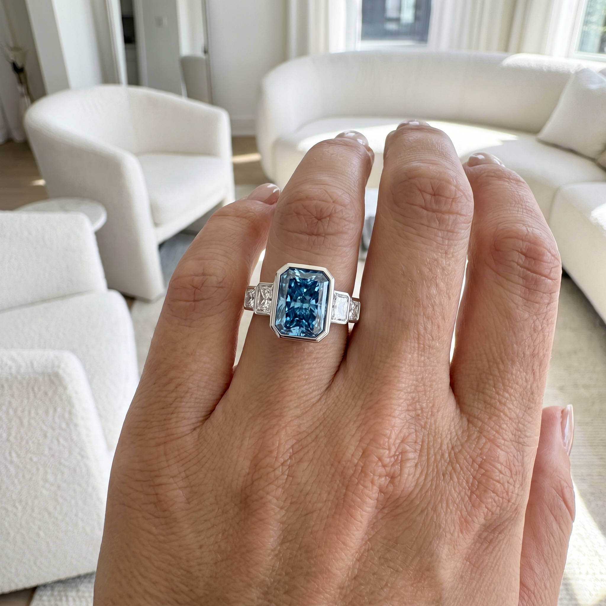 5.73ct fancy blue radiant lab grown diamond ring shown worn