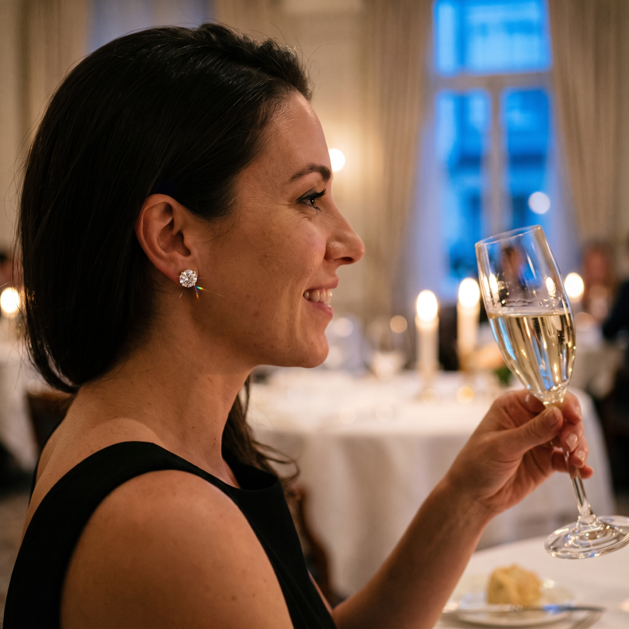 woman wearing 4ctw lab diamond stud earrings at a candlelit dinner