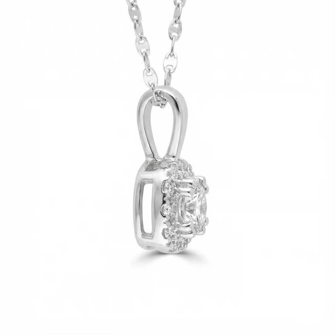 0.60ct Halo Diamond Pendant Necklace in 14K Gold with 16 inch Chain side profile | lab diamond detail