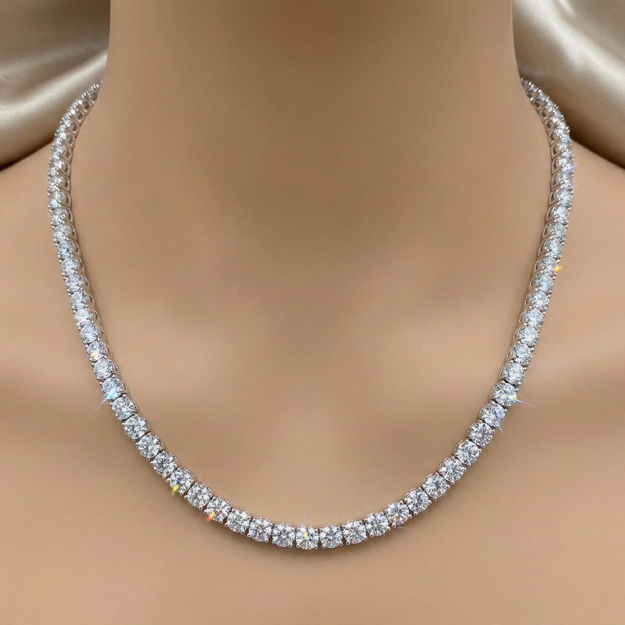 59.5ct Lab Diamond Tennis Necklace 24" side profile, lab diamond detail