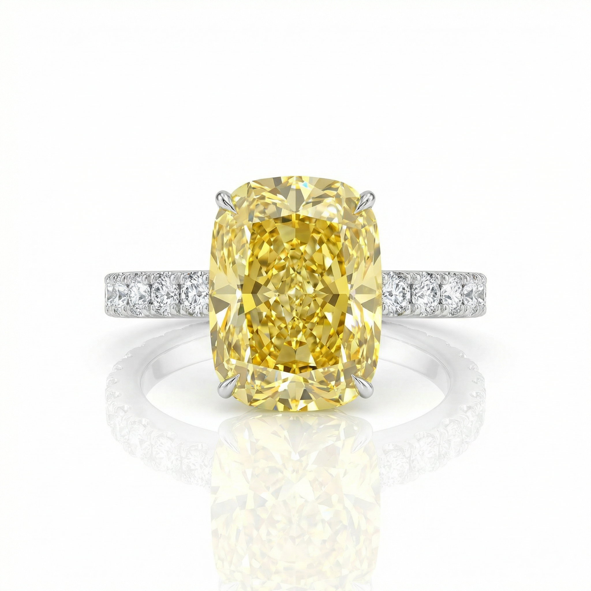 Women's 4.59ct Fancy Vivid Yellow Cushion Diamond Ring on model, styled 10K yellow gold ring