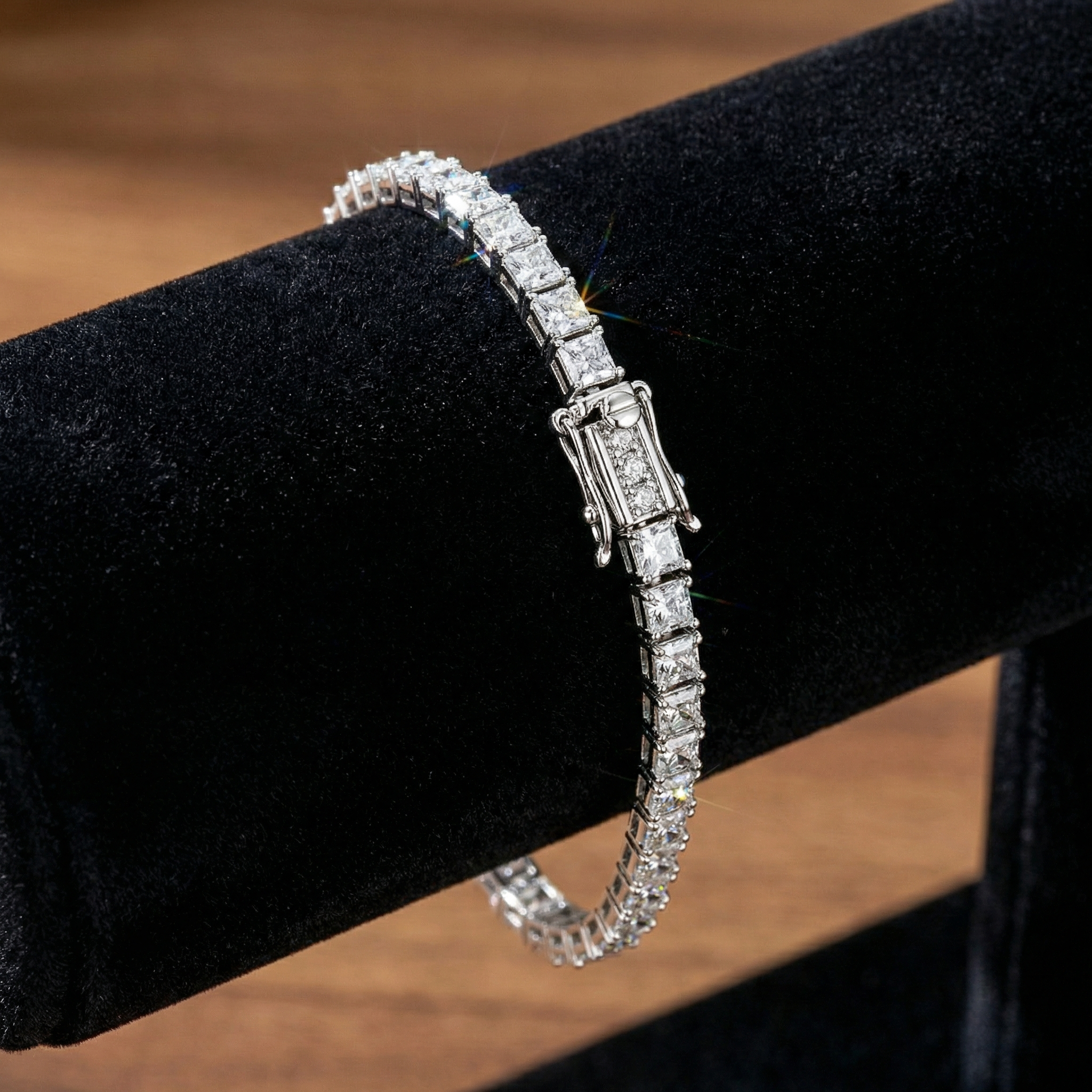 7.8ct Princess Cut Lab Diamond Tennis Bracelet side profile, princess cut lab diamond detail