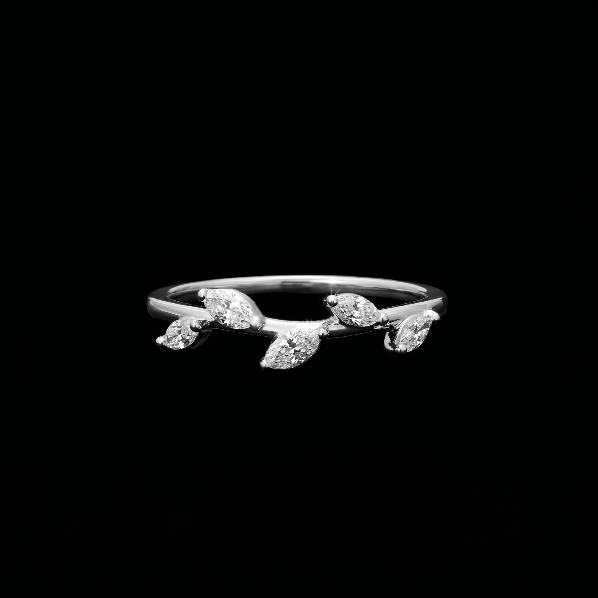 0.6ct marquise leaf motif lab grown diamond ring, on a black background
