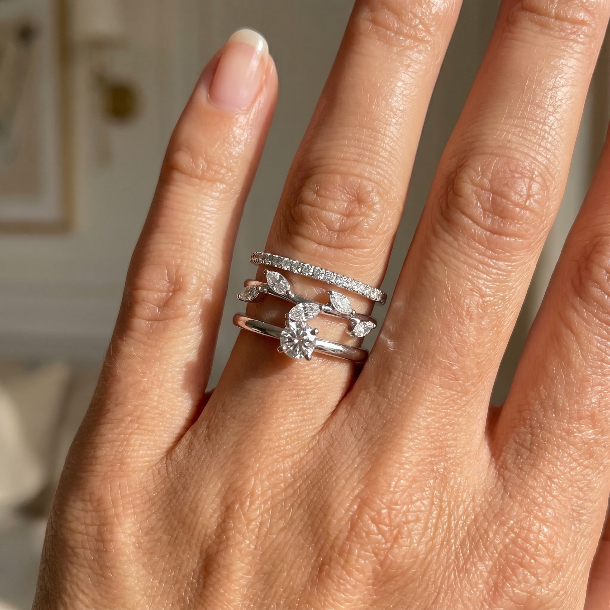 0.6ct marquise leaf motif lab grown diamond ring shown worn