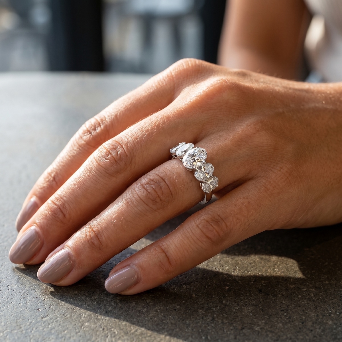 8.5ct oval five stone lab grown diamond ring shown worn