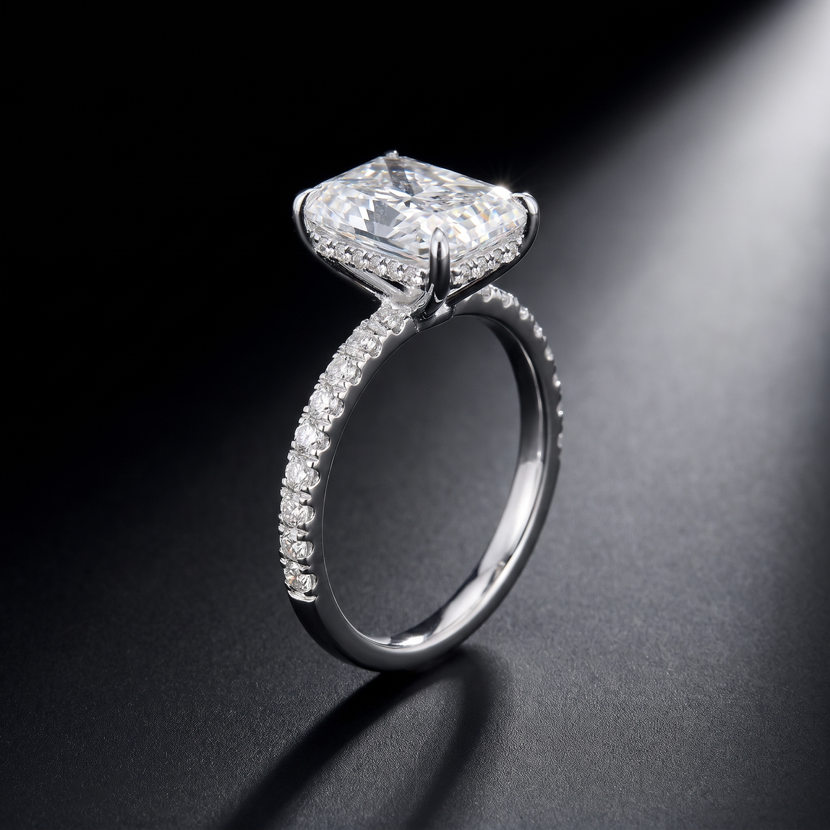 5ct radiant hidden halo lab grown diamond engagement ring, three quarter view on a dark reflective surface