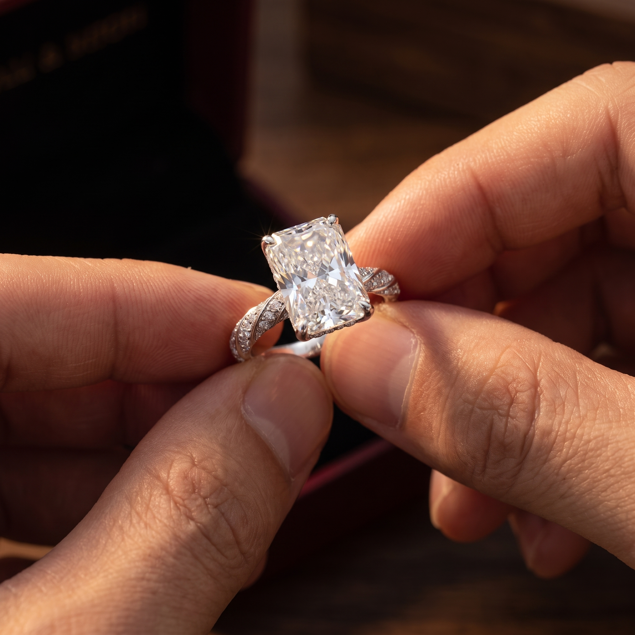 5ct radiant cut lab grown diamond engagement ring held in a man's hand during a proposal
