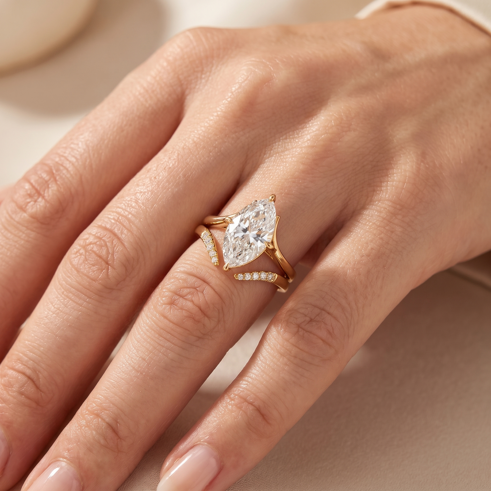 3ct marquise diamond bridal set worn close on a womans hand, plain split shank solitaire pave band