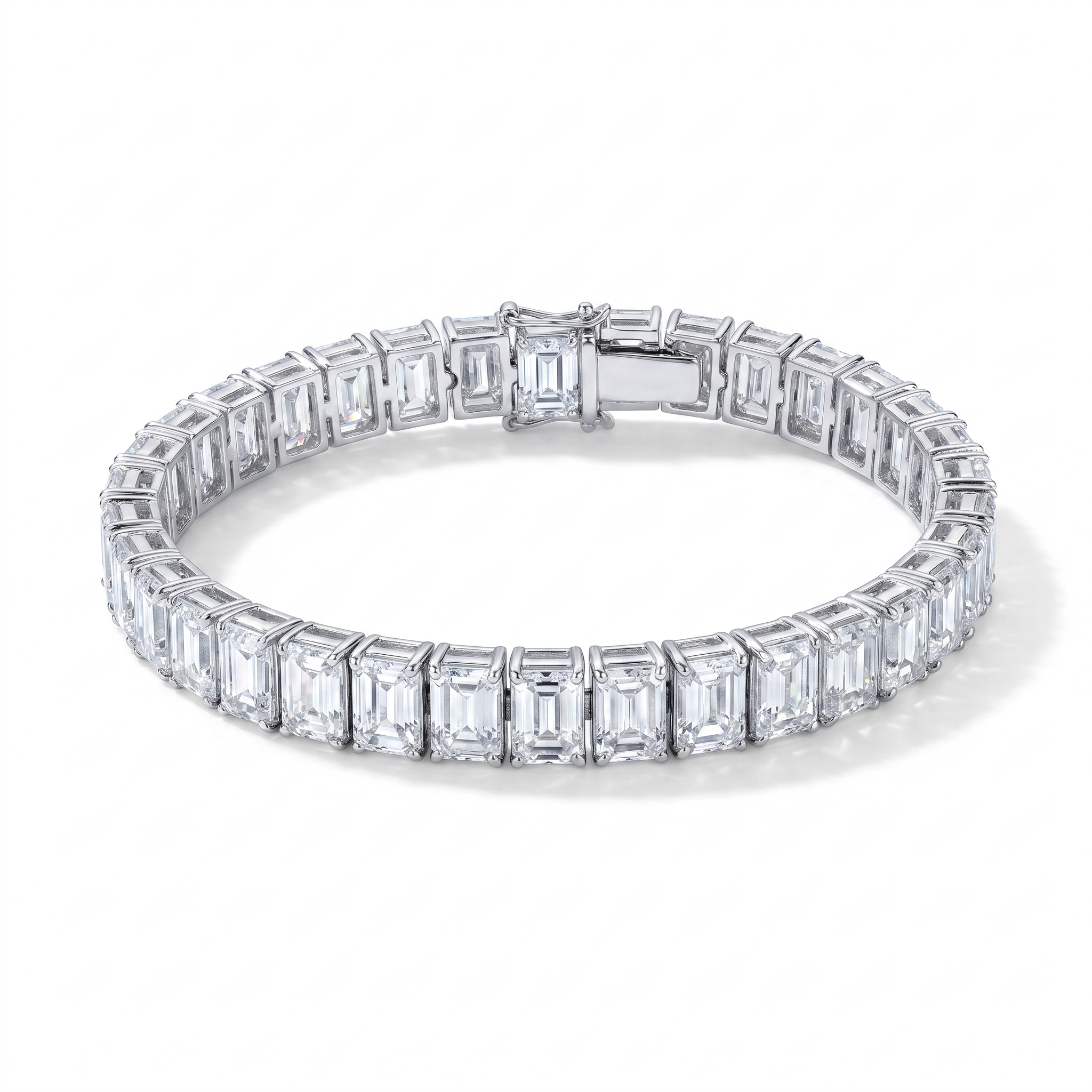 31.87ct emerald cut lab grown diamond tennis bracelet on white background