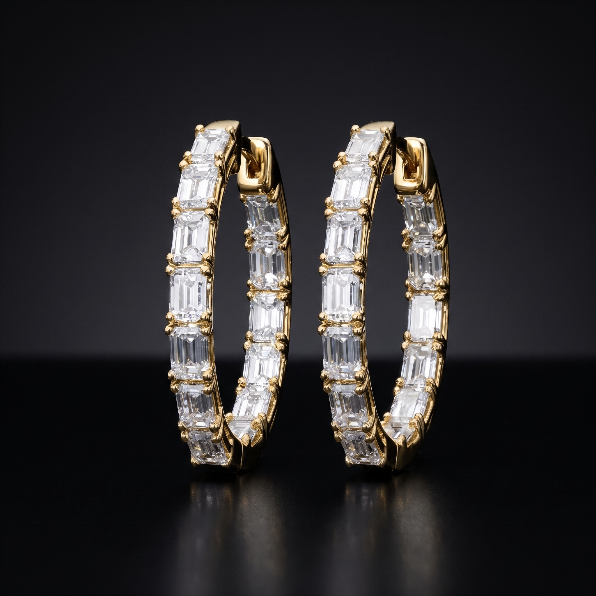 6ctw hoop lab grown diamond earrings, on a black background