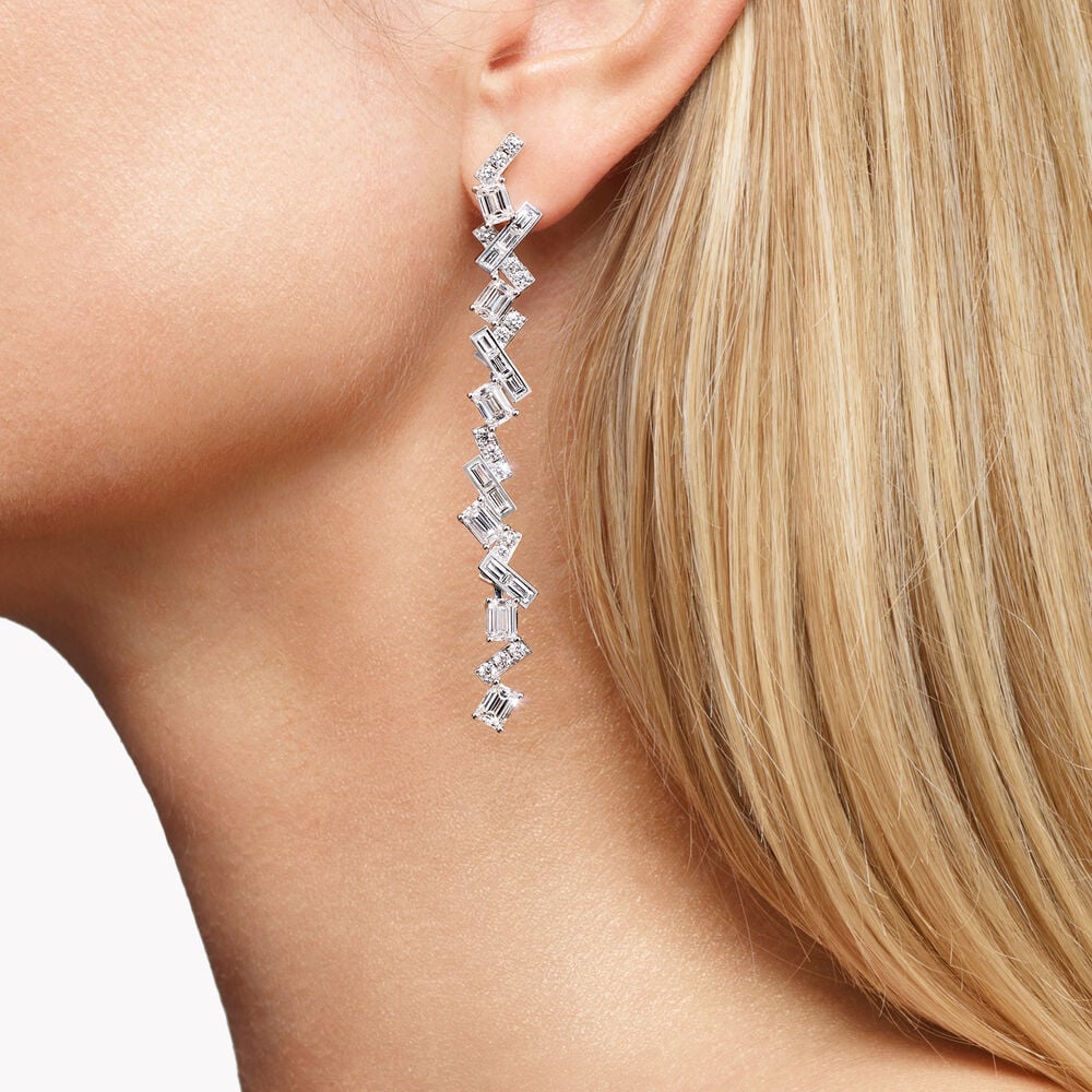 8ctw Lab Diamond Zig Zag Drop Earrings on model | styled 10K white gold earrings