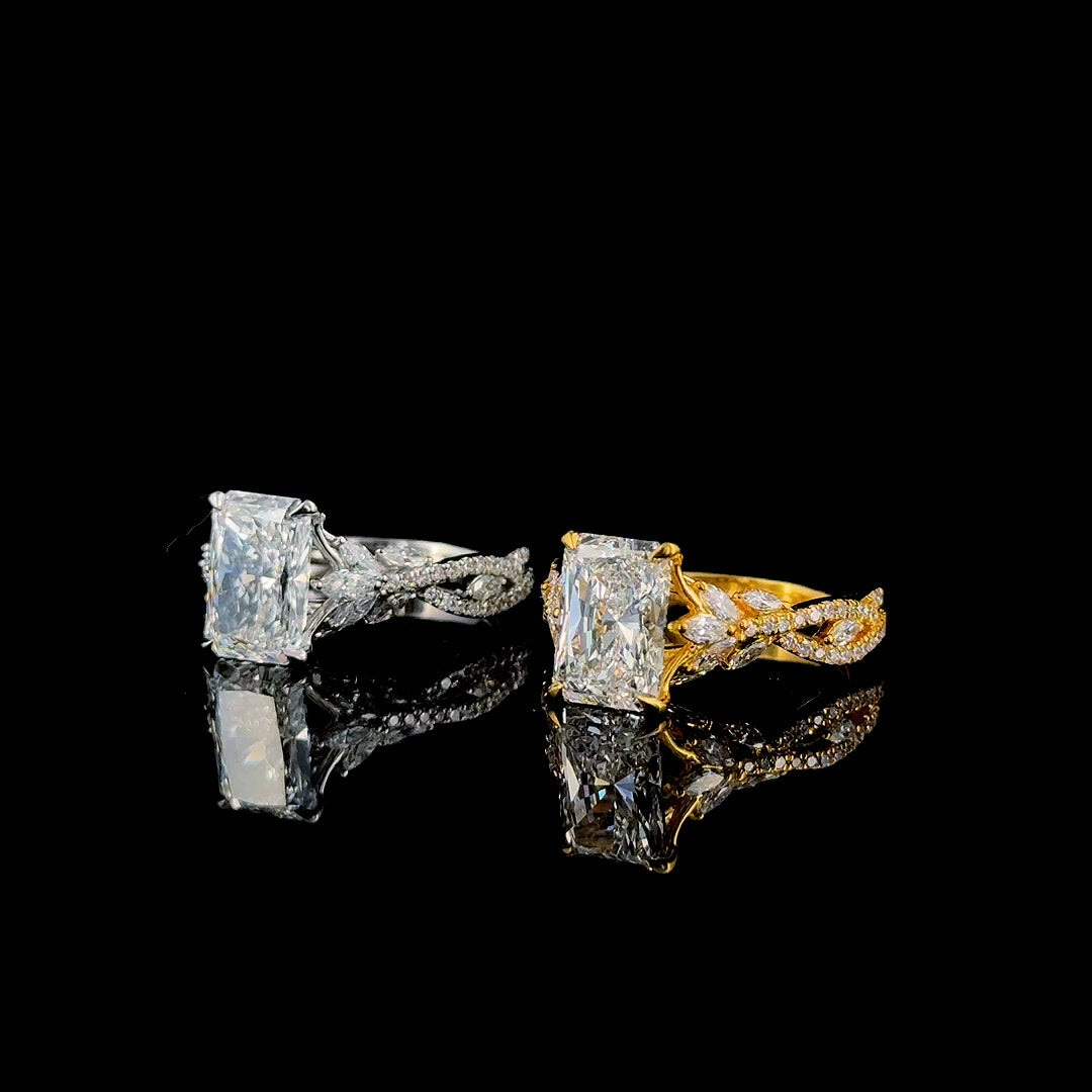 twisted vine lab diamond engagement ring pair angled view, white and yellow gold