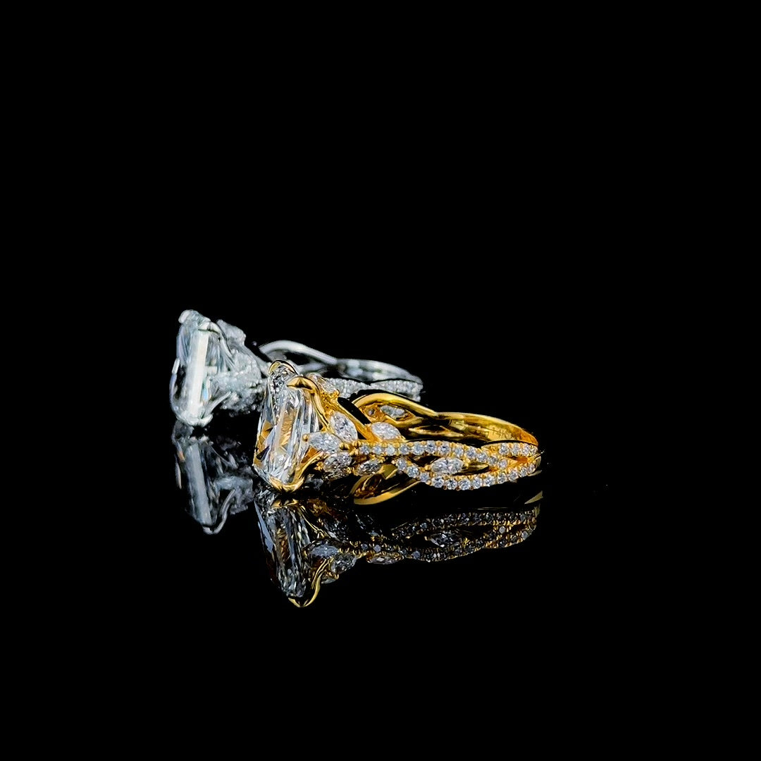 3ct radiant twisted vine lab diamond ring pair profile view, white and yellow gold