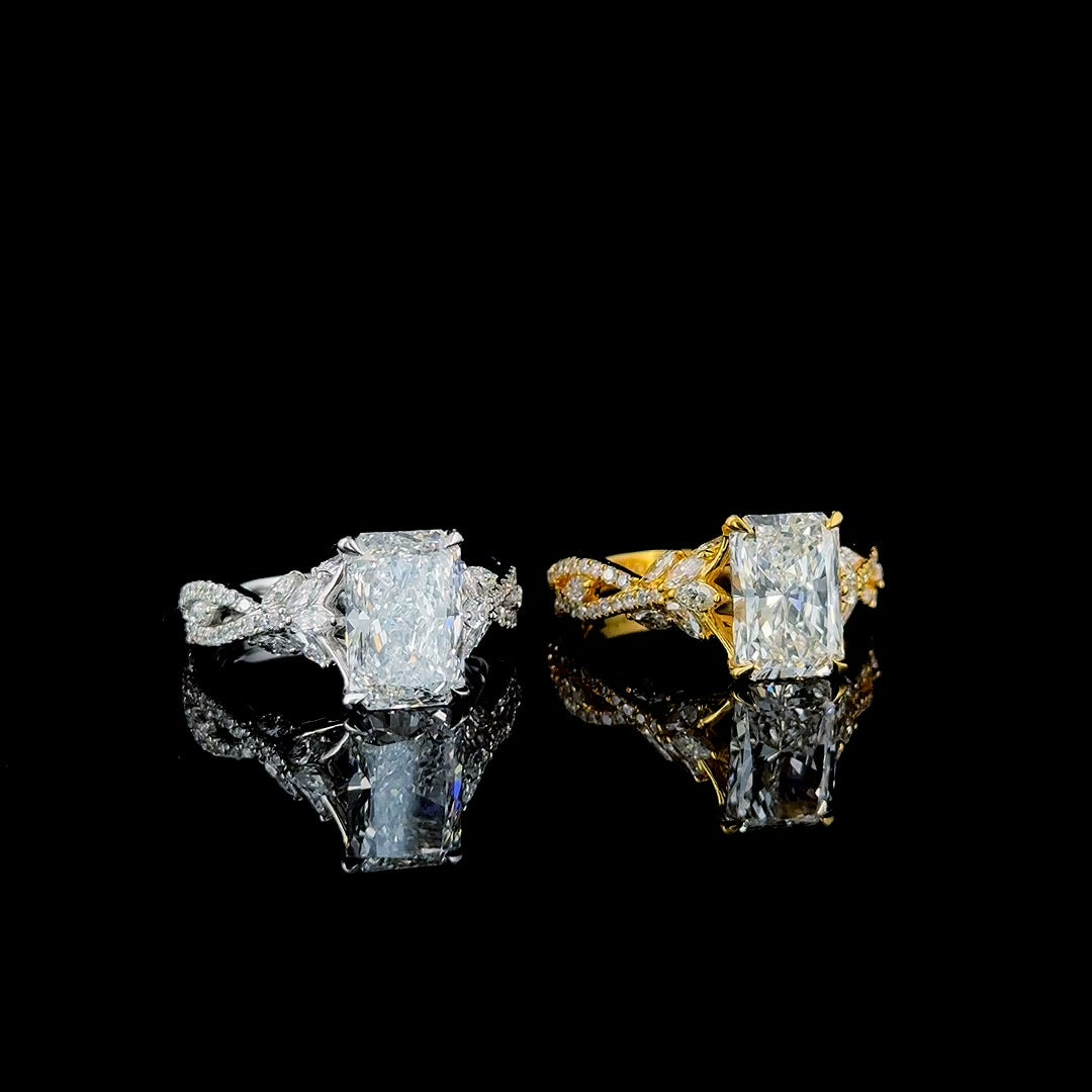 3ct radiant twisted vine lab grown diamond engagement ring in white and yellow gold, product video still