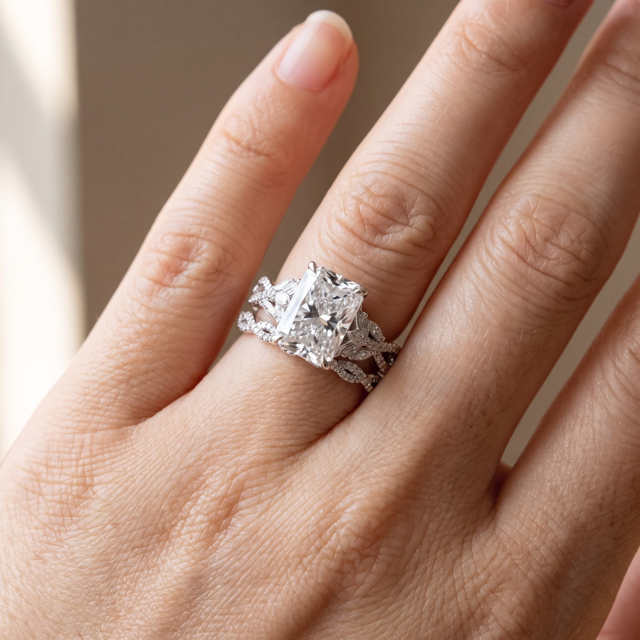 3ct radiant lab diamond twisted vine engagement ring worn on hand, close up