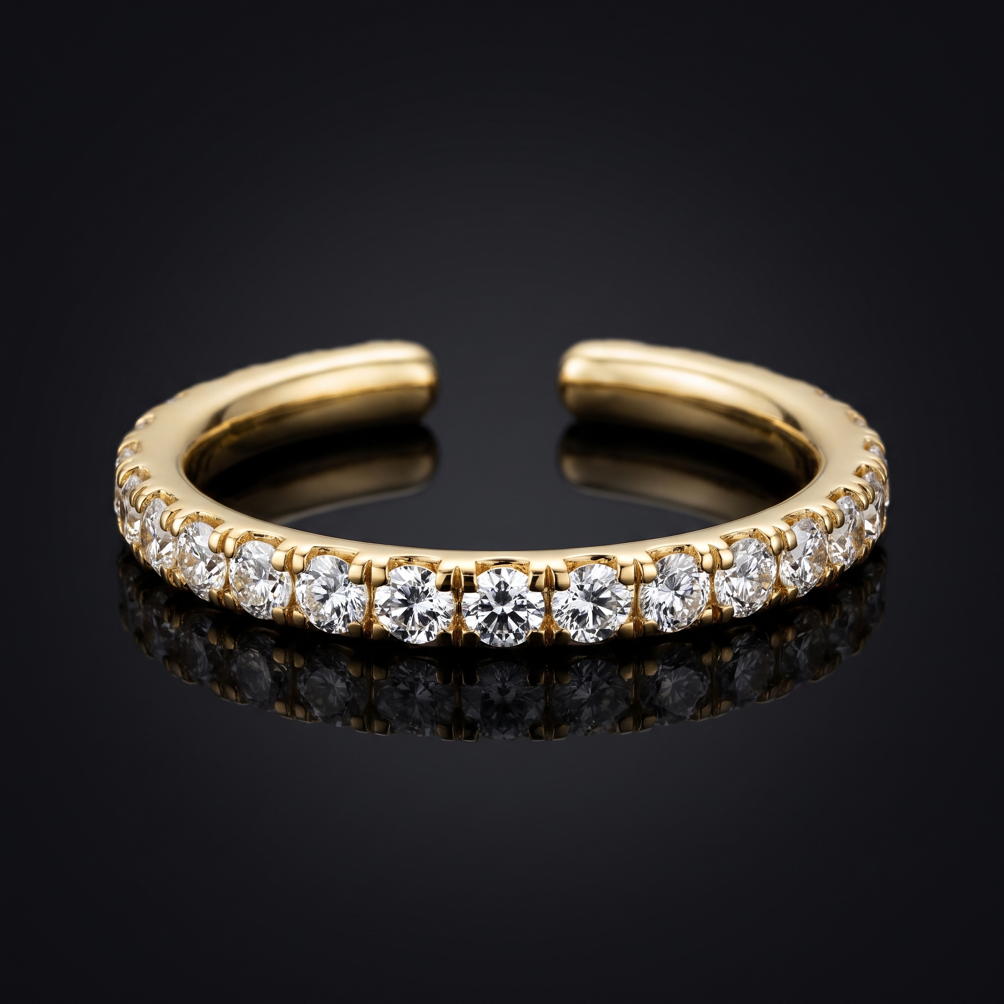 1ct open french pave lab grown diamond cuff ring, yellow gold, on black