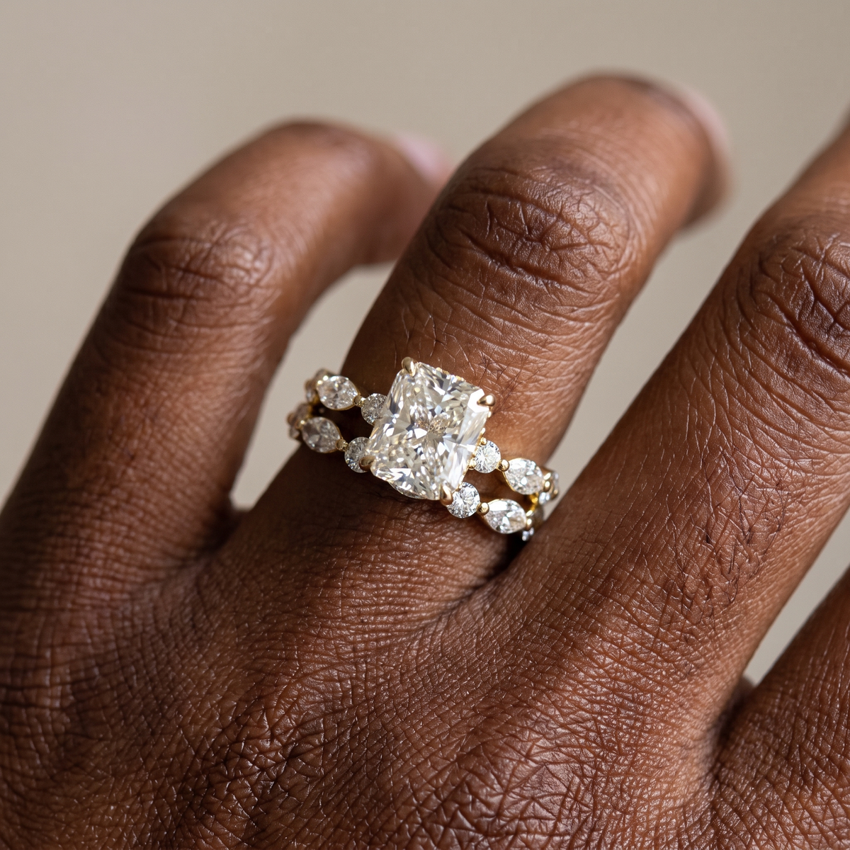 3ct square radiant lab grown diamond bridal set worn on the hand, ring and band stacked flush together