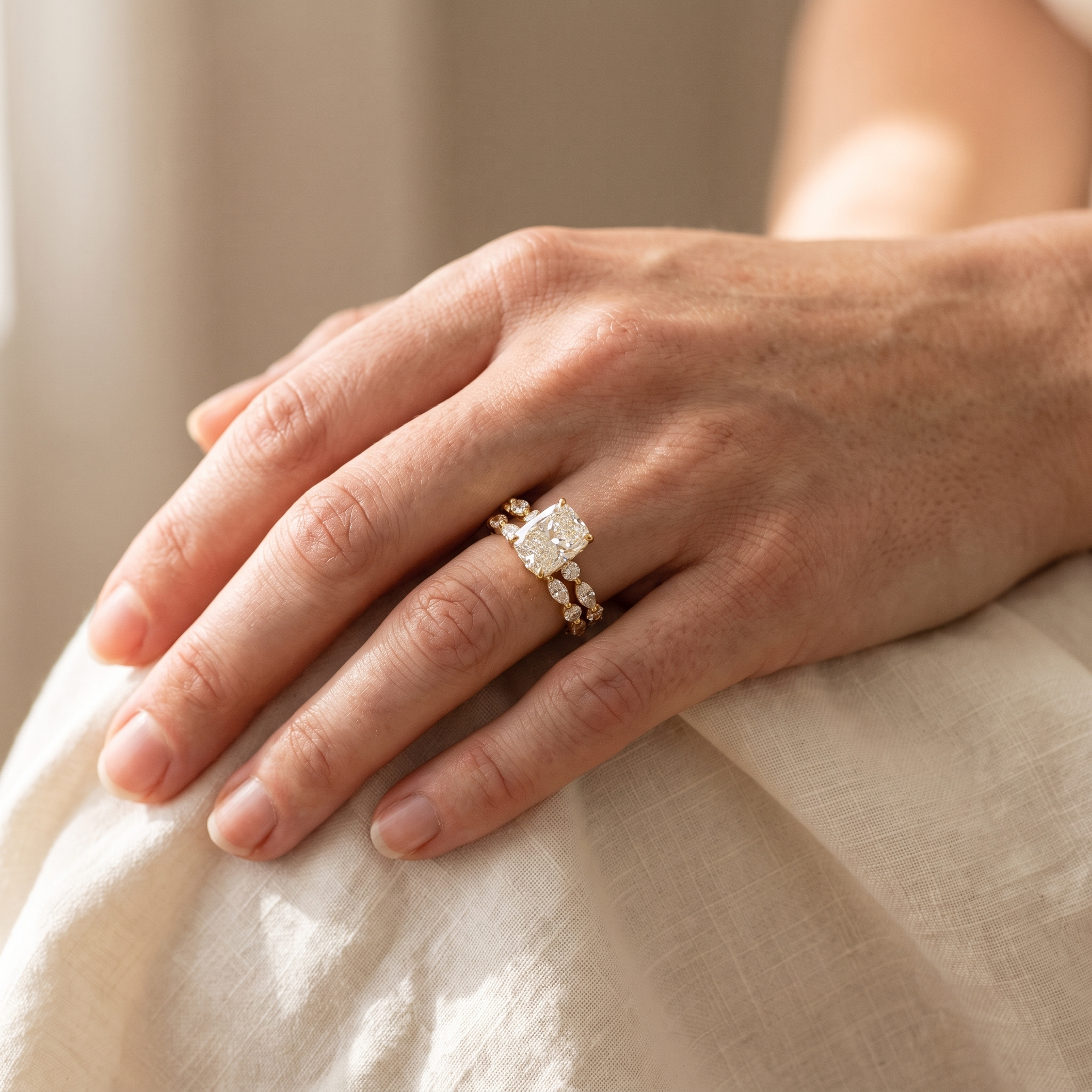 3ct radiant lab grown diamond bridal set worn on the hand, ring and band stacked, lifestyle view