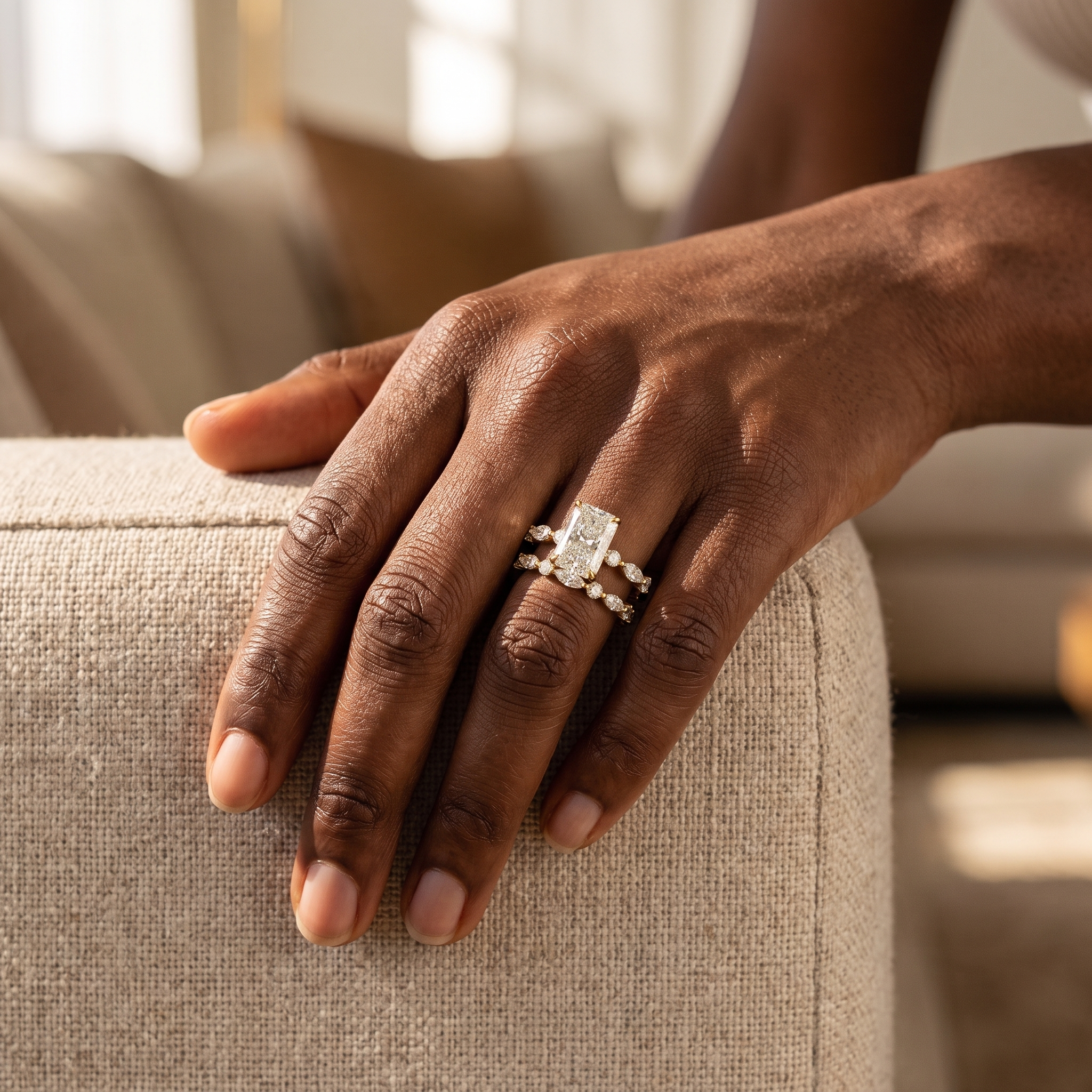 3ct elongated cushion lab grown diamond bridal set worn on the hand, ring and band stacked, lifestyle view
