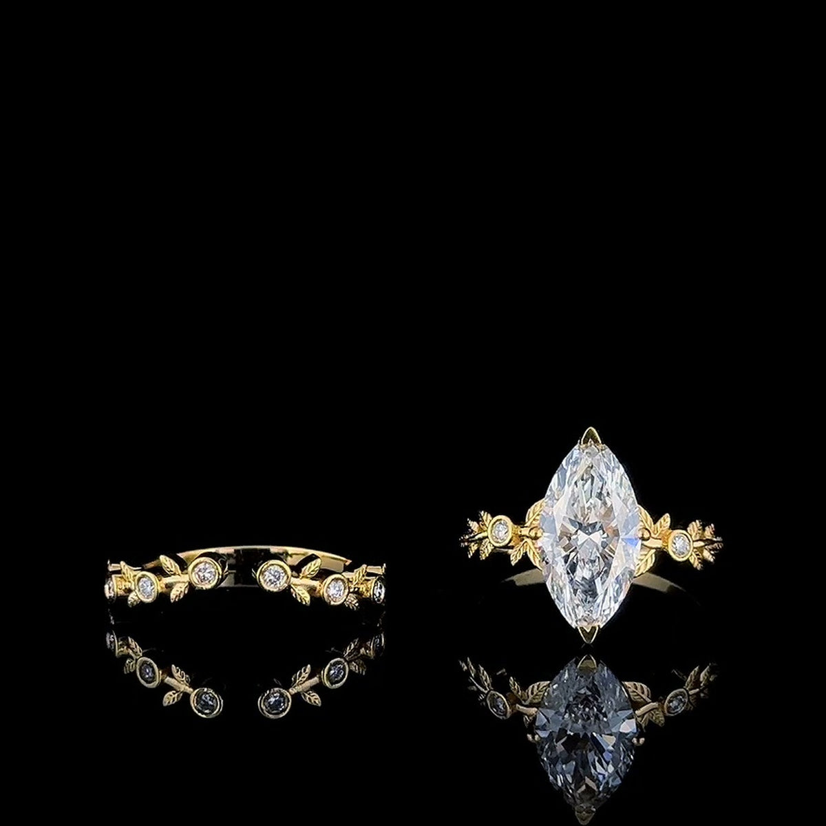 marquise leaf lab diamond engagement ring with split shank and matching vine band