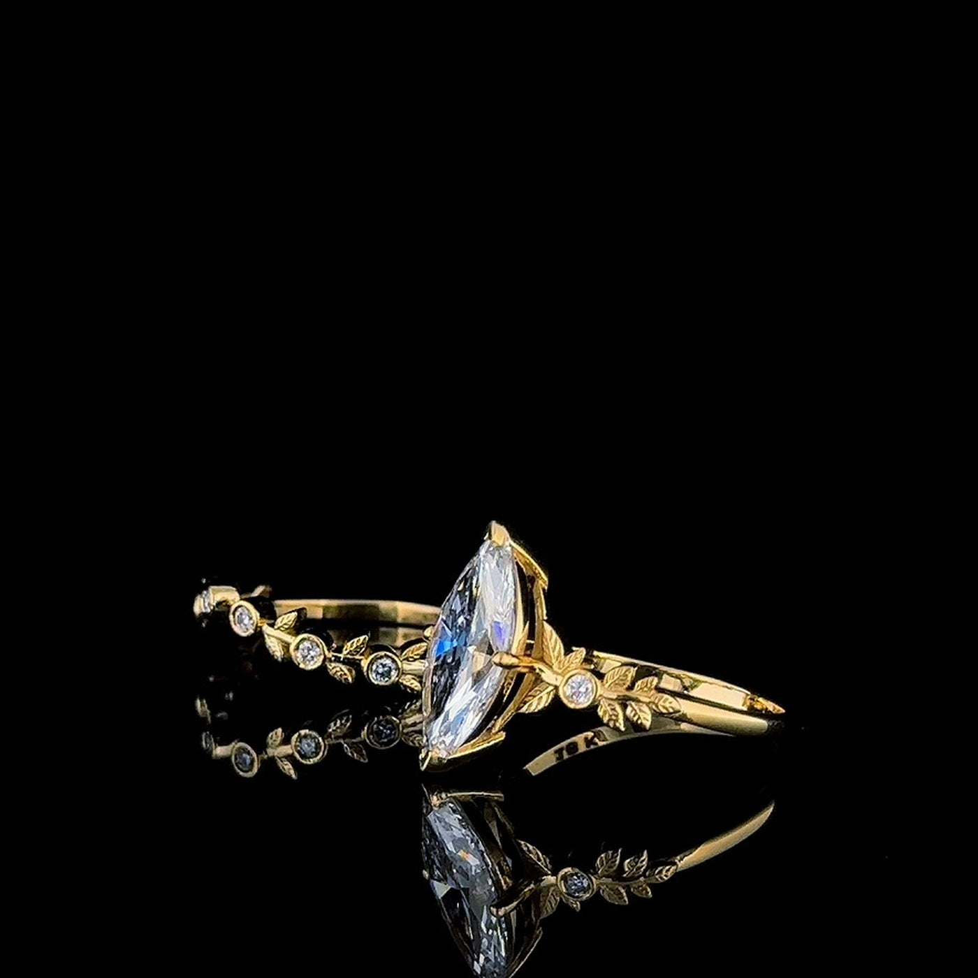 marquise leaf lab diamond ring and vine band, angled view