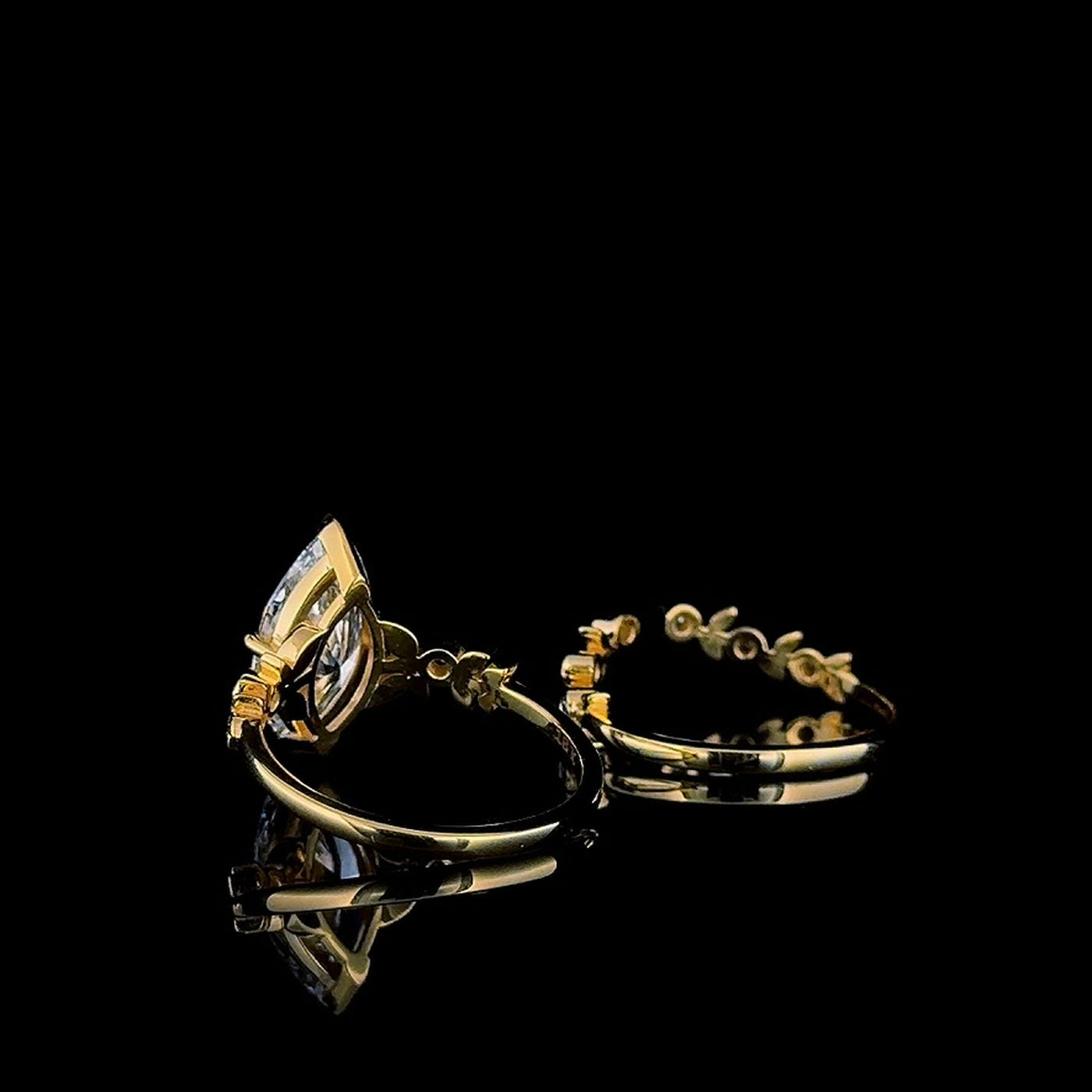marquise cut lab diamond leaf vine set, side profile showing delicate shank