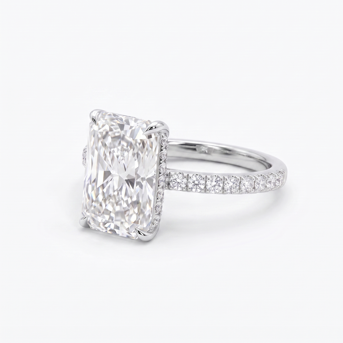 5ct radiant cut lab grown diamond engagement ring, three quarter angle showing the setting profile