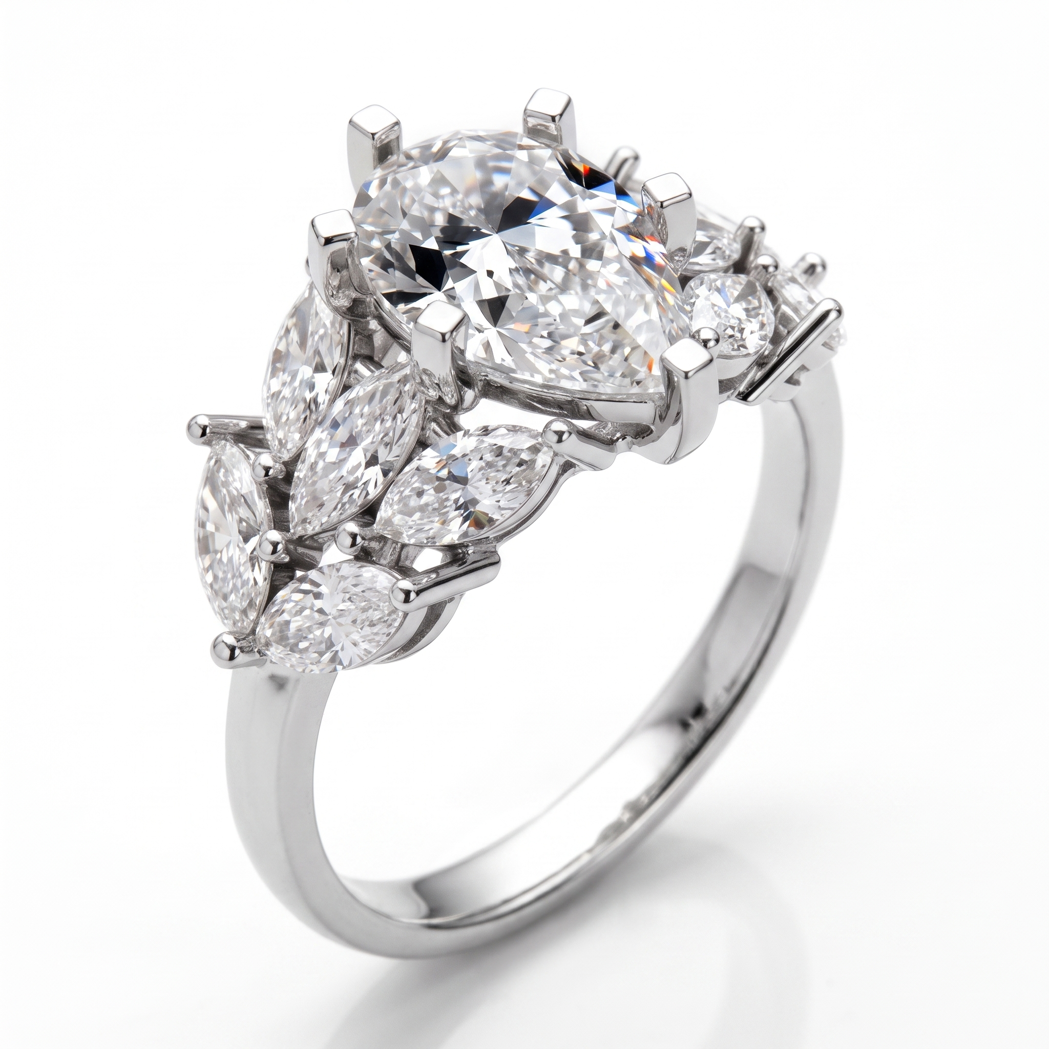 1.90ct pear lab grown diamond engagement ring, on a white background