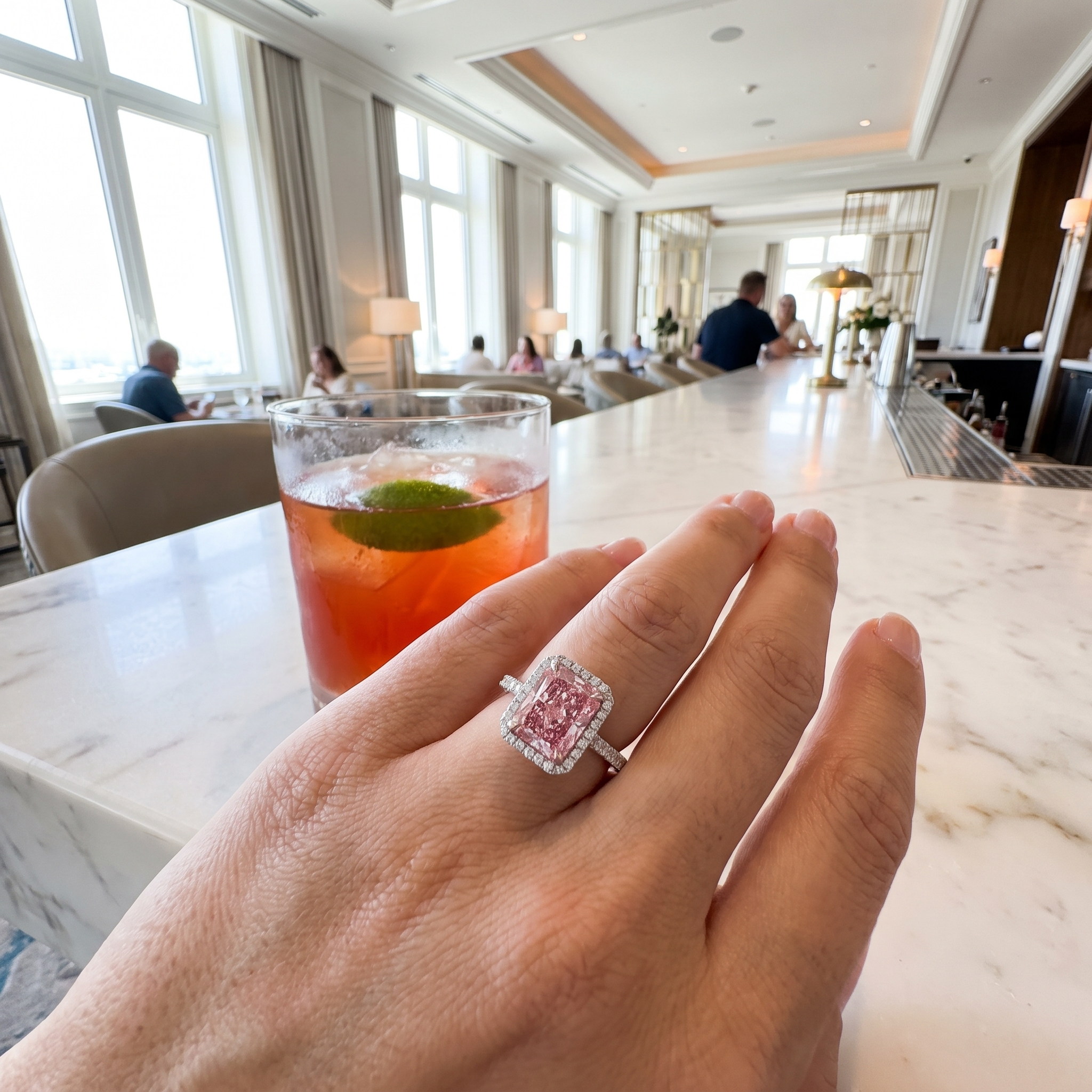 5ct fancy pink radiant lab grown diamond ring, luxury lifestyle