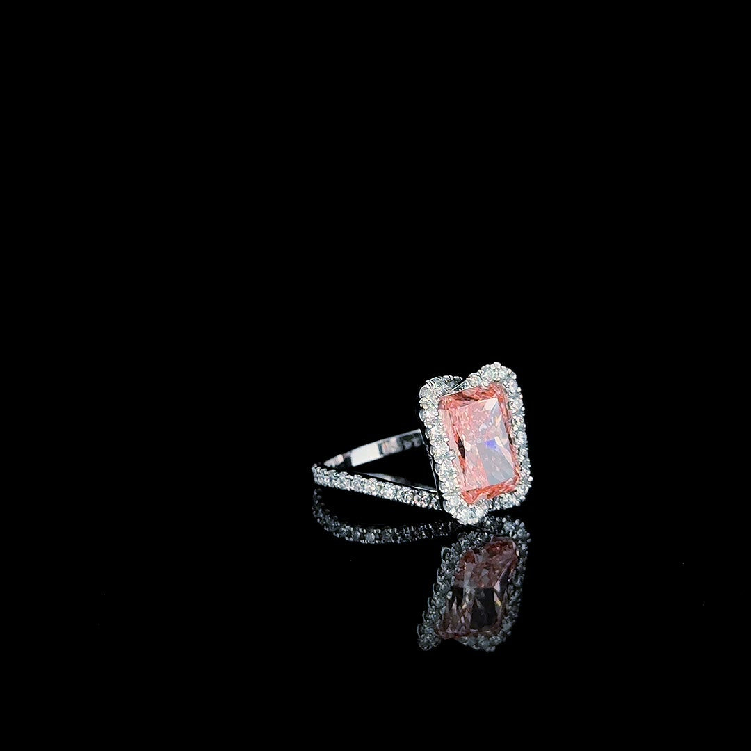 5ct fancy pink radiant lab grown diamond ring, product video still angle