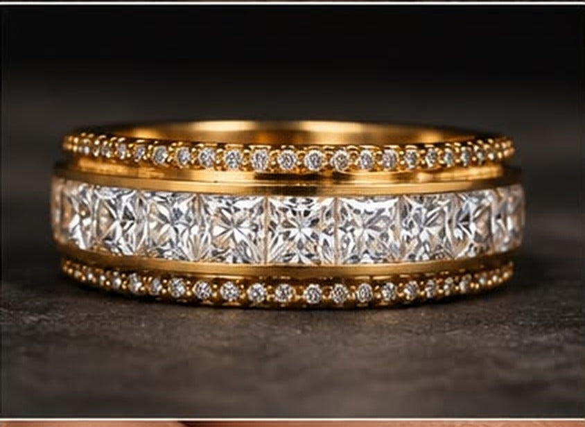 princess channel lab diamond couple band profile, channel set center with pave edges