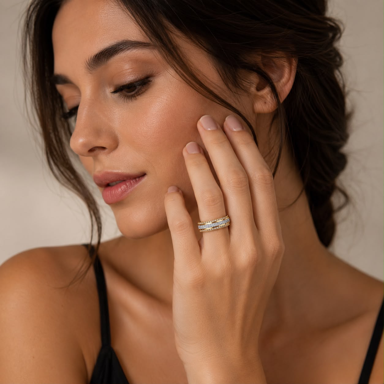 woman wearing 2.1ct princess channel lab grown diamond band