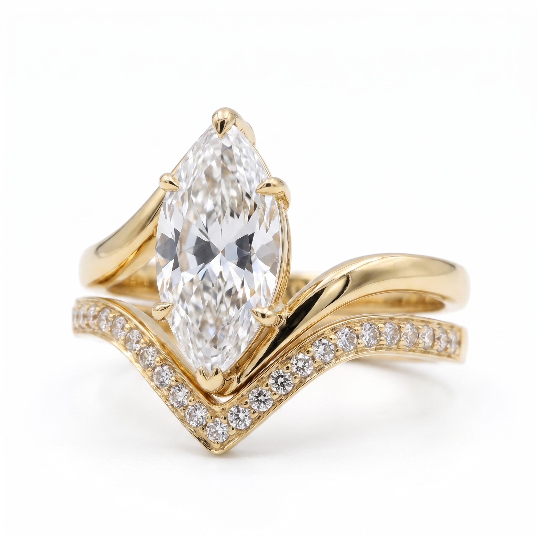 3ct marquise bypass bridal lab grown diamond band set, front view on a white background