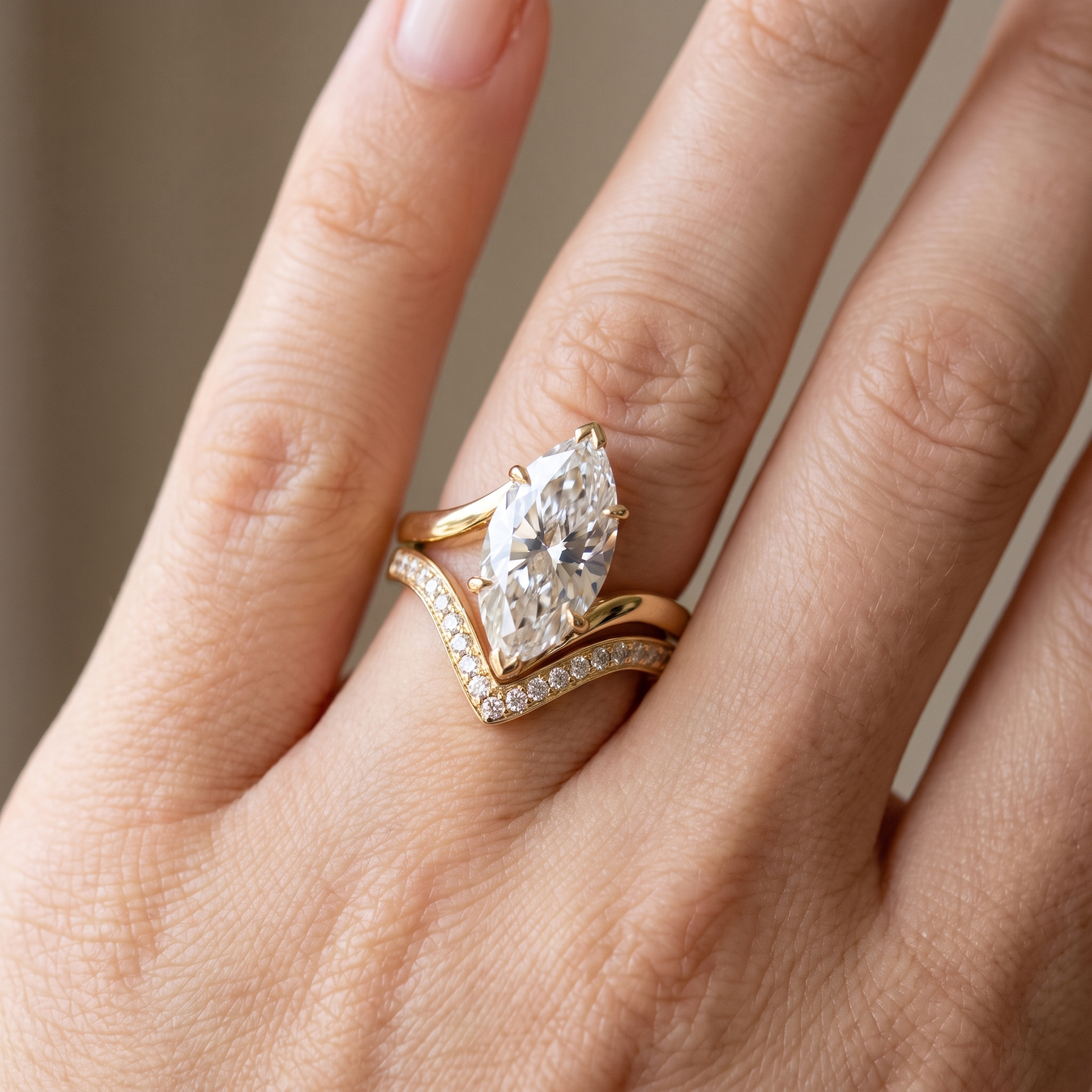 3ct marquise bypass bridal lab grown diamond band set shown worn
