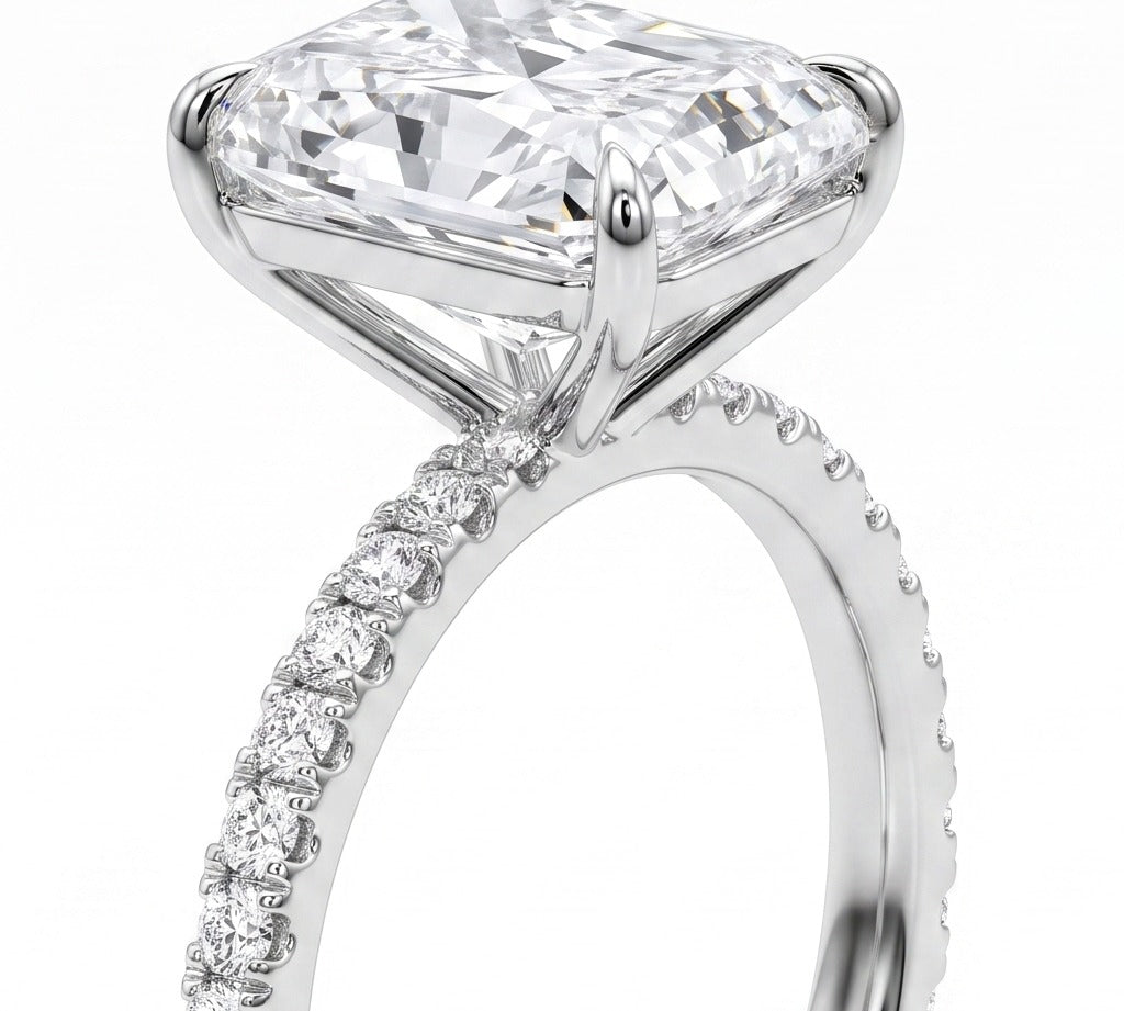 5ct radiant lab diamond ring profile detail on slim pave band