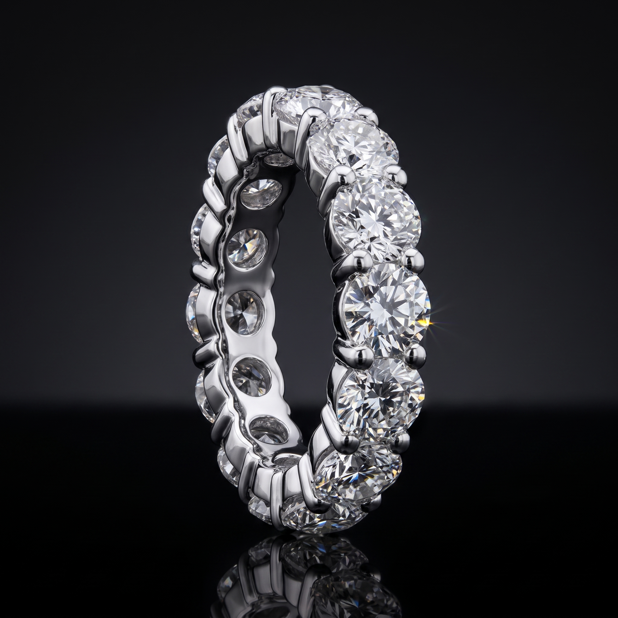 8ct round brilliant lab grown diamond eternity band, straight on view on black